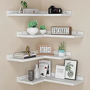 4 Tier Floating Corner Shelves White Set of 4, Rustic Pine Wooden Floating Corner Wall Shelf for Wall Dcor Storage, L Shaped Corner Shelf Wall Mount for Bedroom, Living Room, Bathroom, Kitchen