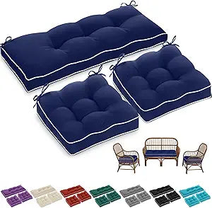 Wenqik 44 x 19 x 4 Inch Outdoor Bench Cushion Set of 3 Waterproof Tufted 1 Patio Loveseat Cushions and 2 Square Chair Seat Pad for Outdoor Furniture Couch Swing Sofa Wicker Settee(Navy Blue)