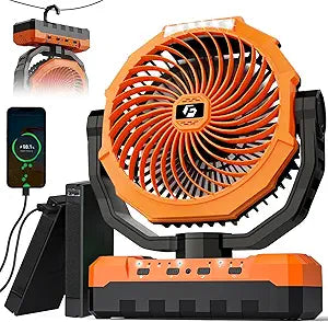 3-in-1 Camping Fan - 36000mAh Detachable Portable Fan Rechargeable with Light & Hook, Battery Powered Fans for Outdoor, Indoor, Tent, Fishing, Travel, Hurricane, Summer Gifts for Men - Orange