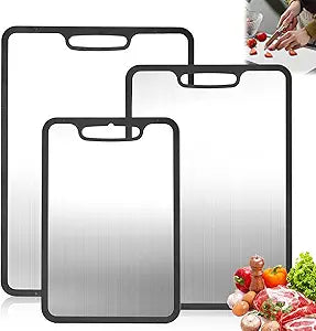 Titanium Cutting Board set of 3,Metal Cutting Boards for Kitchen,Stainless Steel Cutting Board, Chopping Boards for Kitchen and Camping,Silicone Edge for Non-Slip & Non-Cut 3Pcs(L+M+S)