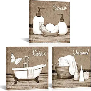 RnnJoile Beige Bathroom Pictures Wall Art Bathtub Spa Painting Prints Decorative Relax Soak Unwind Artwork for Bathroom Framed