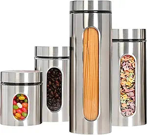 JS Gourmet 4 Pcs Stainless Steel Canisters Set for Kitchen with Glass Window and Airtight Lid, Perfect for Storing Coffee, Spaghetti, Sugar, Beans and Dry Ingredients (Silver)