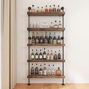 5-Tier Wall Mounted Wine Rack, Floating Bar Shelves, Liquor Bottle Shelf Display, Holds 30+ Bottles, Space Saving (31.5" W x 79" H)