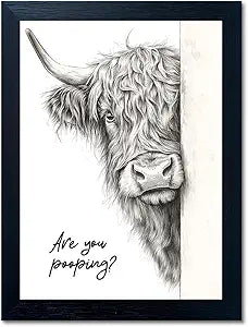 Funny Highland Cow Bathroom Wall Art - Rustic Farmhouse Wall Decor with Humorous Are You Pooping Canvas Print, Cute Animal Canvas Art for Restroom - Black Framed Cow Pictures Wall Decor Ready to Hang 12"x16"