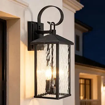 Porch Lights Outdoor Wall Light Fixtures Wall Mount, Modern Exterior Lighting Fixtures with Water Ripple Glass Waterproof, 2-Light E12 Sockets Outside Garage Lights for House Patio Porch