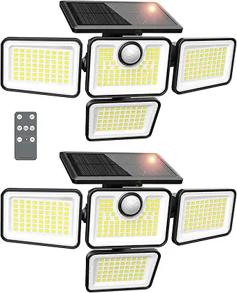 Solar Lights Outdoor, 6000LM 4 Heads Motion Sensor Lights, 3 Mode, IP65 Waterproof Solar Security Wall Lights, Remote Control Flood Lights for Garden, Outside, Backyard, 2 Pack