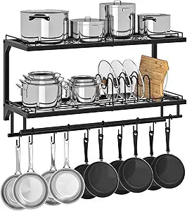 CHOEZON Pot Rack, Wall Mounted Pan Holder, 2-Tier Pot and Pan Organizer, Pot Hanger with 10 S-Shaped Hooks, Cookware Organizer with 5 Removable Metal Wire Dividers, Black TPR35BB
