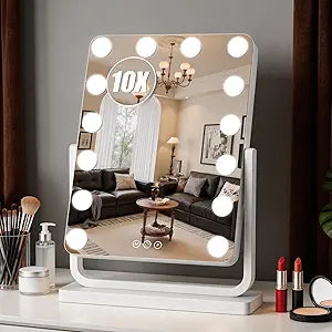 Vanity Mirror with Lights, 18"15" Hollywood Makeup Mirror with 14 Dimmable Bulbs, 3-Color Lighting, Dimmable, 360 Rotation, 10x Magnification, Desk Mirror, Bedroom (White)