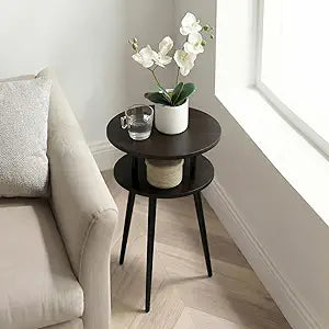 MWOOD Small End Table for Living Room, 2-Tier Round Side Table with Metal Leg,Compact Sofa Circle Bedside Table Nightstand with Storage, Accent Table for Bedroom, Dark Walnut
