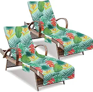 2 PCS Flower and Leaves Beach Chair Covers, Lounge Chair Towel Cover, Chaise Lounge Cover with Pockets for Pool Sunbathing Beach Garden Courtyard Outdoor Trips, 85" X 30"
