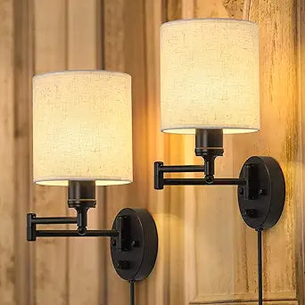 CADUKE Plug in Wall Sconce Set of 2, Swing Arm Wall Lamps