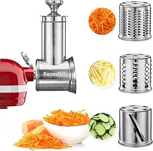 FavorKit Slicer Shredder Attachment for KitchenAid Mixers, Stainless Steel Cheese Grater Vegetable Salad Maker Accessories with 3 Cutting Blades,Dishwasher Safe!