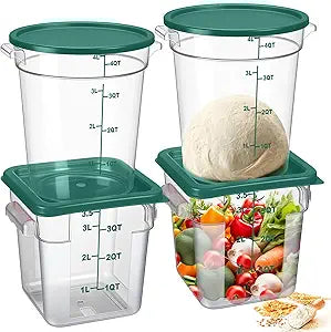 Blushtier 4 Pcs Food Storage Container with Lids Set 4 Qt Square and Round Clear PC Commercial Containers with Scale Handle for Home Restaurant Kitchen Food Storage, Dough Rise, Flour(Green)