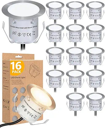 HIBOITEC Recessed LED Deck Light Kits(16Pack), 12V Low Voltage Landscape Lighting IP67 Waterproof Outdoor Step Stair Lights Warm White Deck Lighting for Garden Yard Steps Stair Patio Floor Decoration