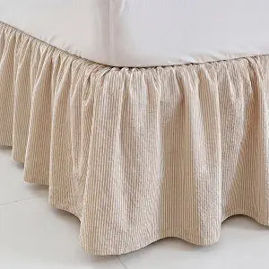 Tranqun Striped Bed Skirt Queen Size 16 Inch Drop, Farmhouse Cotton Dust Ruffle Bed Frame Cover, Ticking Stripe Pleated Sheet for Bedroom, Cottage & Rustic Home Decor(Cream Ivory)