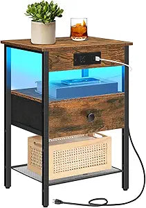 HOOBRO Nightstand with Charging Station, LED Bedside Table with Adjustable Fabric Drawer, USB-A, Type-C, 1 AC Outlet, Small End Side Table for Bedroom, Rustic Brown and Black BF209UDBZ01