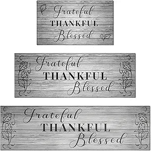 Grateful Thankful Blessed Kitchen Rugs Set of 3 Grey Non-Slip Kitchen Rug and Mat Comfort Kitchen Floor Rug Farmhouse Thanksgiving Decor