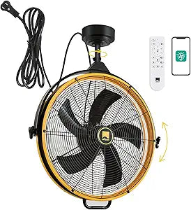 Orison 24.8'' Outdoor Ceiling Fan, 6 Speed Ceiling Mounted Plug-In Cord Garage Fan with Remote&APP, 360-degree Manual Vertical Rotation, Hook up, Gazebo, Patio, Pergola (5 blades- Yellow&Black)