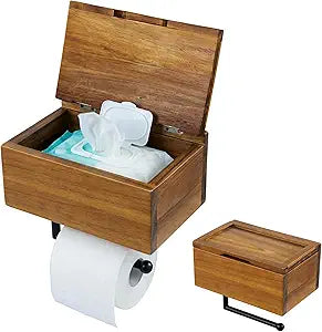 MyGift Mid-Century Modern Solid Acacia Wood Wall Mounted Toilet Paper Holder with Wet Wipes Dispenser and Storage Shelf Tray, Bathroom Organizer