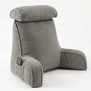 Reading Pillow for Bed with Detachable Neck Roll and Shredded Memory Foam, Back Pillow with Arms for Sitting Up, Washable Bed Rest Pillow with Side Pocket for Gaming, Sofa, Dorm - Light Gray