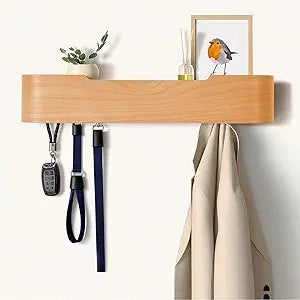 Coat Rack Wall Mount with Hidden Hooks, Wall Hooks with Shelf, Wall Key Holder Mount Wooden Shelf Entryway Hooks for Bedroom Bathroom for Hanging Coats Hats Bags Towels (Oak, 5 Hooks)