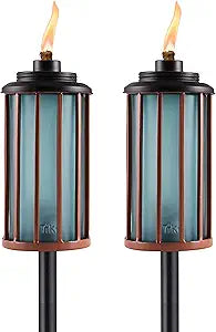 TIKI 2-Pack Retro Stripe Glass Torches, 65-Inch Outdoor Decorative Torches for Patio, Backyard & Garden, Easy Install with Refillable Canister, Long-Lasting Wick & Snuffer, Blue & Copper