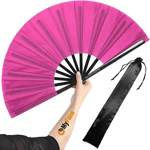 Large Rave Folding Hand Fan - Foldable Chinese Tai Chi Kung Fu fan - Ideal for Festivals, EDM, Dancing, Hot Flashes, Church and Gifts (Pink)