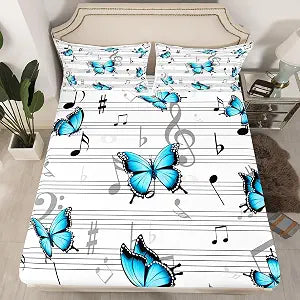 Music Kids Fitted Sheet Queen Size,Music Note Piano Musical Bedding Set,Boys Girls Adults Room Decor,Blue Butterfly Rustic Country Bed Cover,Black White Fashion Bed Sheet,2 Pillowcases