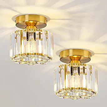 Piepooye 2 Pack Small Crystal Semi Flush Mount Ceiling Light Fixture Modern Gold Mini Round Chandelier Metal E26 Ceiling Lamp for Hallway Bathroom Entryway Kitchen Closet