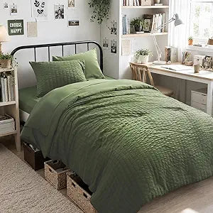 Zzlpp Twin XL Comforter Set 5 pieces, Olive Green Seersucker Bed in a Bag with Comforter and Sheets, All Season Bedding Sets with 1 Comforter, 1 Pillow Sham, 1 Pillowcase, 1 Flat Sheet, 1 Fitted Sheet