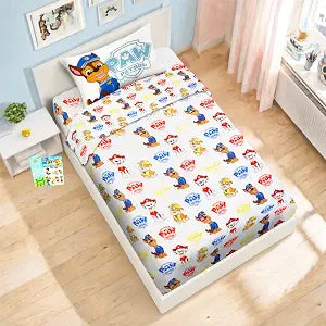 Nick Paw Patrol Sheet Set - Bundle of Bedding Including: Flat Sheet, Fitted Sheet, and Pillowcase for Twin Bed Plus Stickers, More Room Decor for Kids