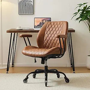 YFO Home Office Desk Chair Office Rubber Casters Ergonomic Computer Chair with Lumbar Support Adjustable Height Rolling Swivel Executive Task Armrests Chair Brown Leather