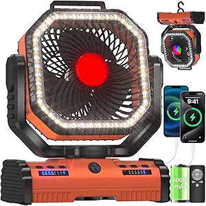 12 Inch Portable Camping Fan, 40000mAh Rechargeable Battery Powered Fan with 4 Speeds Wind and LED Light 140H, Cool & Warm Light and SOS Mode, Auto Oscillating, 360┬░ Rotating Hang Hook(Orange)