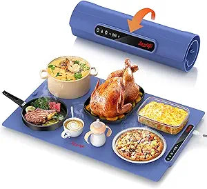 Laudlife Electric Warming Mat for Food, Roll-Up Silicone Heating Pad with 7 Adjustable Tempmaster Levels, Foldable Warming Tray for Countertop,Buffet Party, Kitchen & Home, Child Lock, Dark Bule