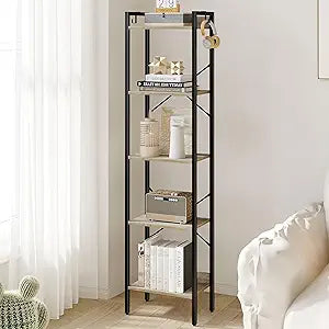 Hzuaneri Bookshelf, Book Shelf, Industrial Bookcase with 2 Hooks, Coner Shelf Storage Organizer for Home Office, Living Room, Bedroom, Kitchen, 5-Tier Greige BC10505B