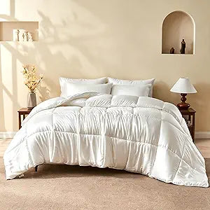 BPC 100% Rayon from Bamboo Fabric Comforter Queen Size, 10% Silk-Infused Fill, ClimaSilk Ultra-Soft Down-Alternative Duvet Insert with Corner Tabs for All Seasons, White, 90x90