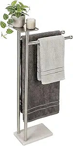 Songtec Towel Rack Stand for Bathroom, 2-Tier Freestanding Towel Holder for Bath Towels, Practical Shelf on Top, Heavy Duty Bathroom Accessories, No Drilling Required