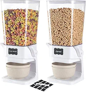 Cereal Dispenser Countertop with Cereal Bowls,16 Labels & Pen, Cereal Containers Storage, Candy Dispenser, Dry Food Dispenser For Pantry - Not Easy to Crush Food (White, 2 Pack)