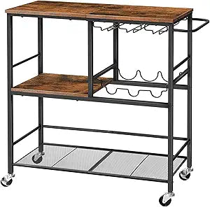 HOOBRO Bar Cart for The Home, 29.5 inches 3-Tier Serving Cart with Wheels, Rolling Kitchen Cart with Wine Rack and Glass Holder for Living Room, Party, Bar, Rustic Brown and Black BF21TC01G1