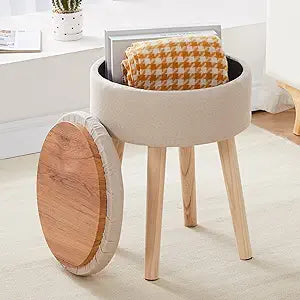 Storage Ottoman Linen Round Vanity Stool Tray Top Modern Foot Stool with Wood Legs Multifunctional Upholstered Foot Ottoman Rest for Living Room, Bathroom, Makeup (Beige)
