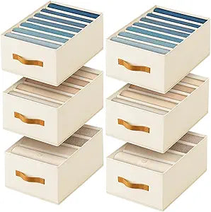Homsorout Clothes Organizers and Storage - 4/5/7 Grids Fabric Jeans Organizer with Handles, Foldable Closet Organizers Dividers, Wardrobe organizer for Pant, Sweater, T-shirt, Scarf, 6 Pack, Beige