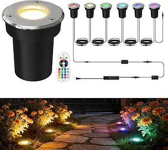 LOHAS Dusk to Dawn Low Voltage Landscape Lighting Warm White + RGB Modes, 6 Pack IP65 Outdoor In Ground Lights with Remote, Timer Color Changing Plug in Low Voltage Well Lights for Yard Garden Walkway