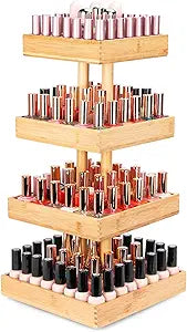 Homde Nail Polish Display Stand and Storage: 360 Degree Rotating Bamboo Rack Organizer, 4 Tier Makeup Holder for Fast Access on Countertop or Vanity for Girls & Women,Brown