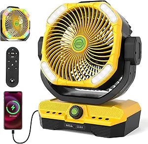 RUNTOP 45000mAh Large Battery Operated Fan, High Speed Oscillating Camping Fan with Remote,Quiet Adjustable Tilt Rechargeable Fans, Battery Powered fansfor Tent Home Office, Bedroom Travel (Yellow)