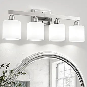 VOLISUN Brushed Nickel Bathroom Light Fixtures, 4-Light Bathroom Vanity Lights Over Mirror, Modern Vanity Light for Bathrooms, Bathrooms Lights Fixtures Over Mirror with Milky White Glass Shades