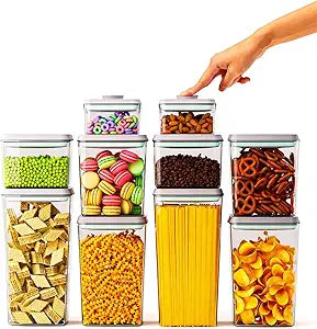 Airtight Food Storage Containers with Lids 10 PCS Pop Containers for Kitchen Pantry Organization BPA-Free Stackable Clear Pantry Storage Set with Measuring Scales for Cereal Flour Sugar Pasta Snacks