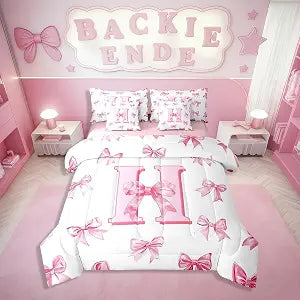 Erosebridal Pink Kawaii Letter H Full Comforter Set 7 Piece for Kids Girls