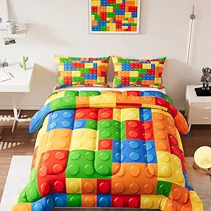Building Blocks Comforter Set, Colorful Theme 3D Pattern for Kids Teens Adults,Decorative Bedding Comforter Sets with 2 Pillow Shams, Twin Size