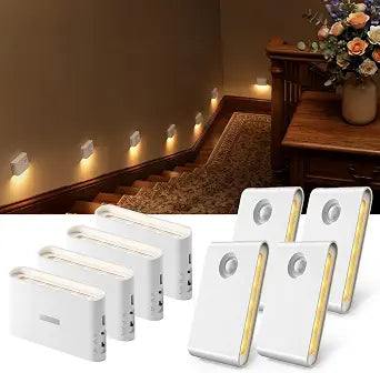 EZVALO 8 Pack Motion Sensor Night Lights Indoor, Rechargeable 1500mAh LED Stair Lights with Magnetic & Dimmable, Auto On/Off 3000K Soft White, Adhesive No Drill for Stairs, Hallway, Bathroom, Closet