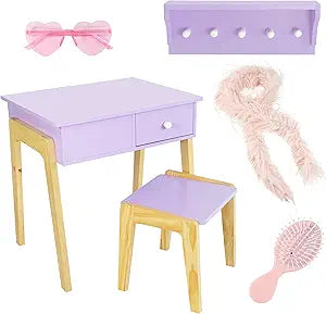 Humble Crew Kids Vanity Set with Mirror, Stool & Storage, Pretend Play Makeup Table with Accessories, Wooden Dress-Up Vanity Desk for Girls Playroom & Bedroom